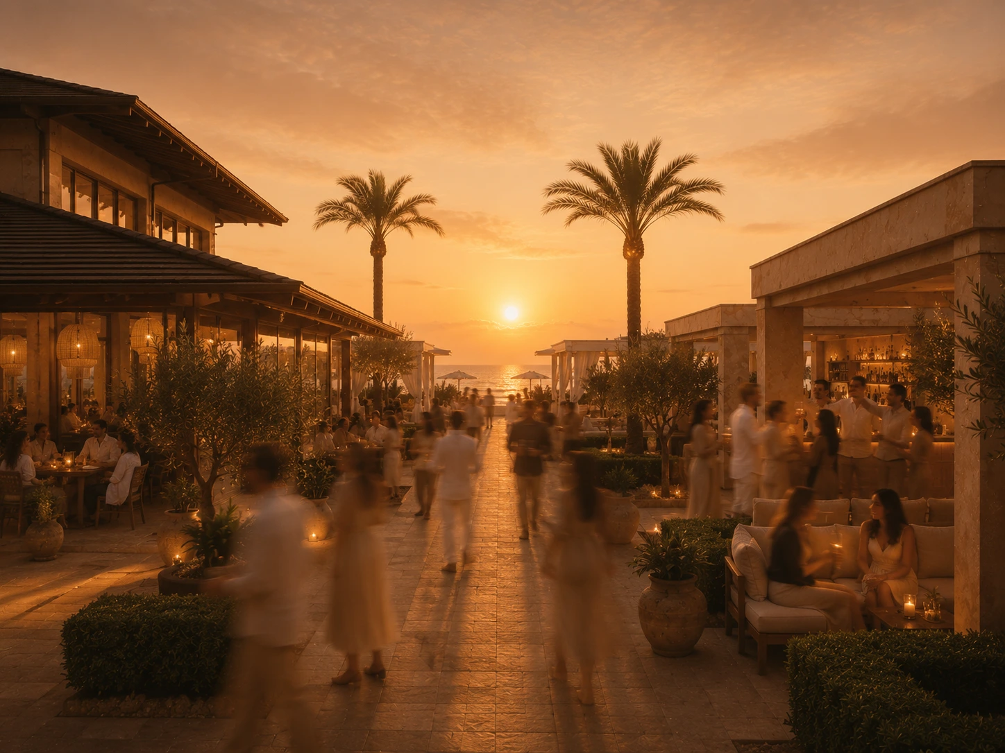 Aperitivo al tramonto fronte mare in uno stabilimento Lunora — immagine teaser