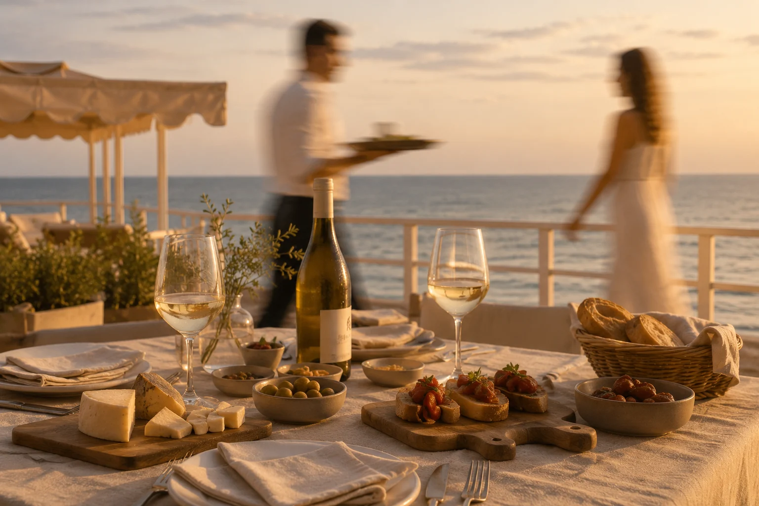 Tavola con prodotti tipici toscani su terrazza vista mare in uno stabilimento Lunora