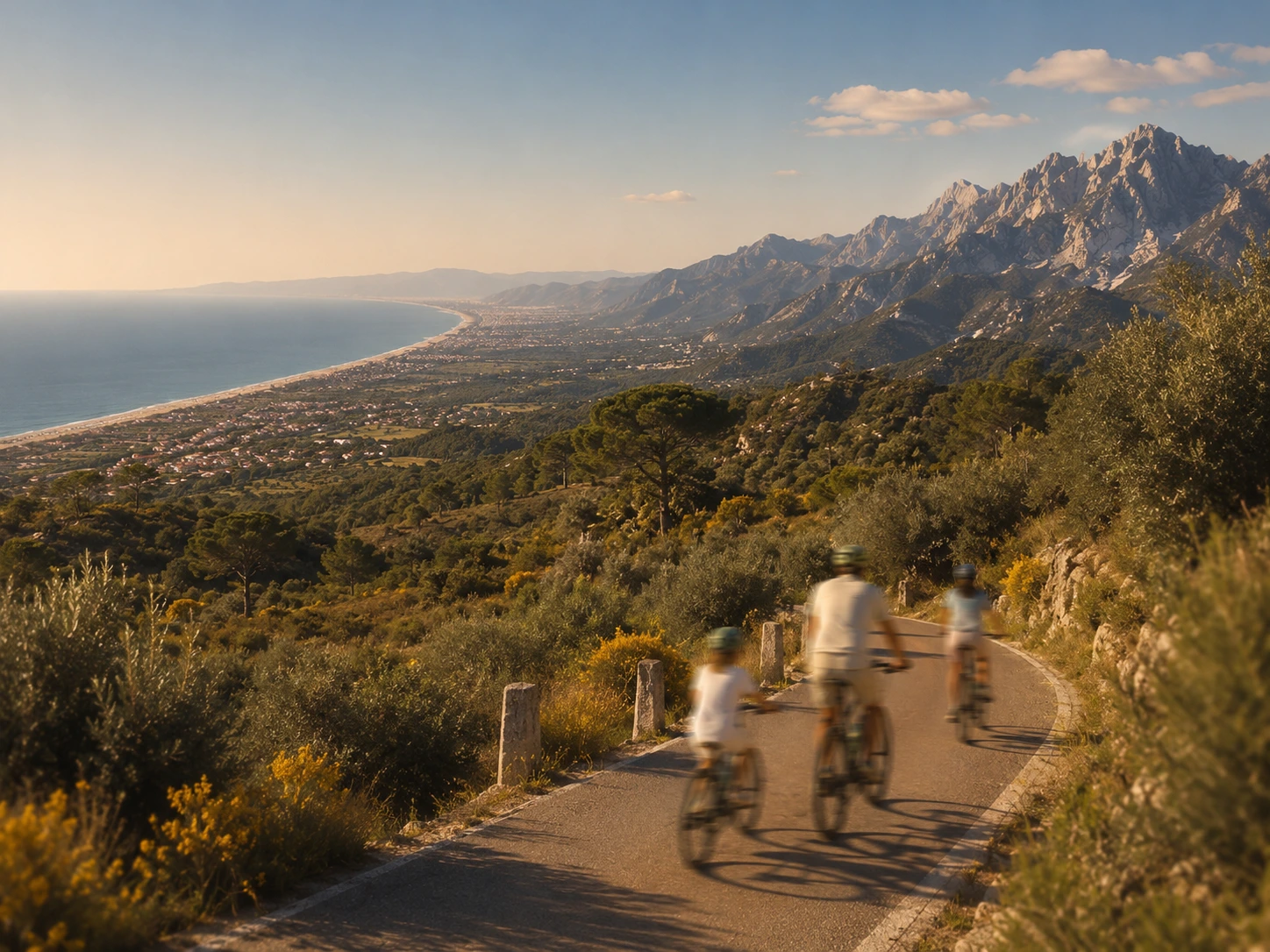 Cicloturismo sulle pendici delle Alpi Apuane, con la costa sullo sfondo