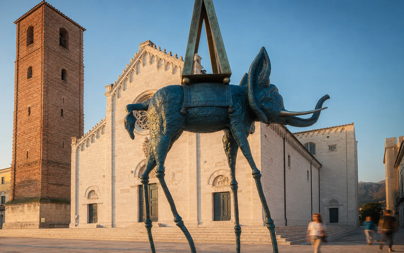 Piazza del Duomo di Pietrasanta con una scultura monumentale
