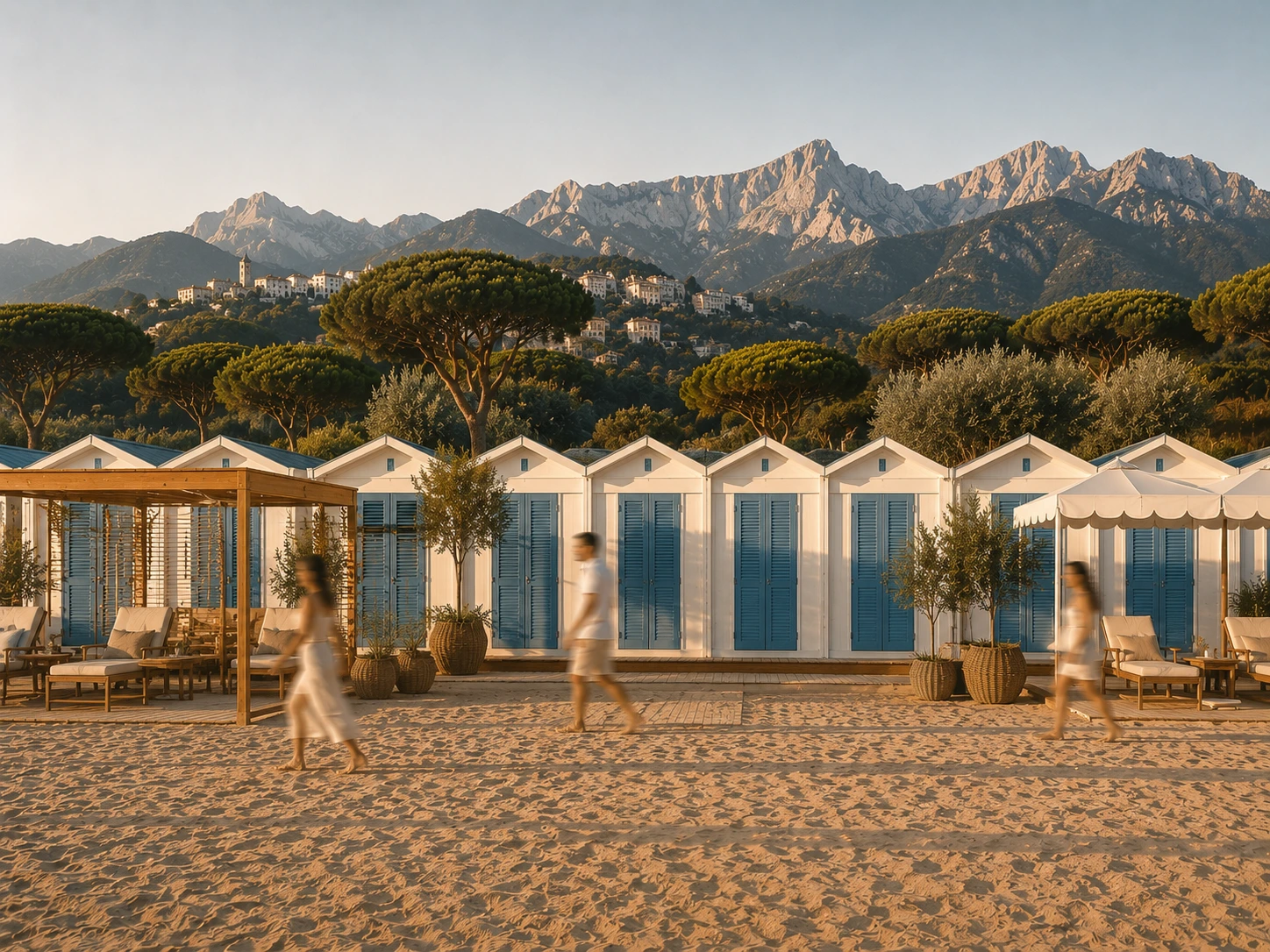 Tradizione e territorio: cabine in stile versiliese, gazebo e fronte mare di uno stabilimento Lunora